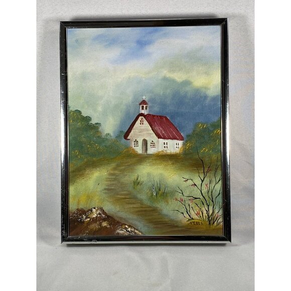 Original Acrylic on Canvas Country Pathway To Church By Vella 1993 Framed - Picture 2 of 10